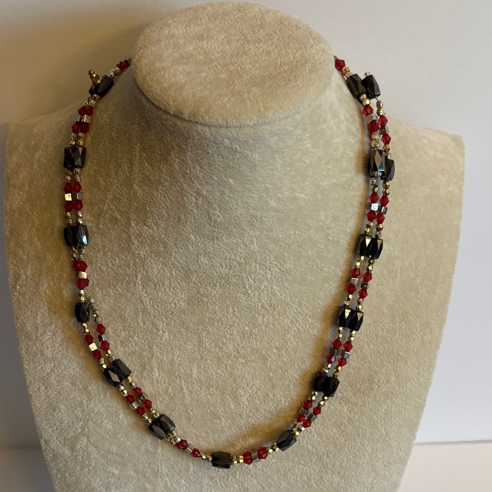 Long Magnetic Hematite-Style Bead Necklace Red Black Silver Layering 40”